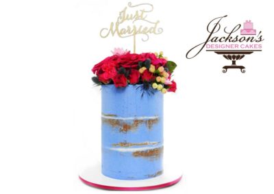 Just Married Blue Floral Wedding Cake
